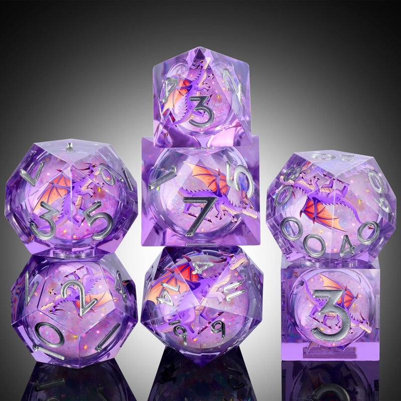 DNDND Purple Dragon Dice with Silver Numbers | Liquid Core 7-Piece Sharp Edge D&D Dice Set | Dragon Themed Collectible Metal Case | RPG Tabletop Gaming Gift - Image 4